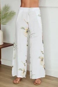 MAGNOLIA FLOWERS PRINT LINEN WIDE LEG PANTS. MADE IN ITALY - Picture 1 of 13