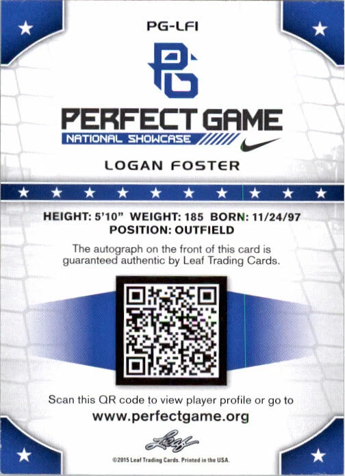 LOGAN FOSTER 2015 Leaf Perfect Game NIKE All-American SHOWCASE Auto Rookie - Image 1 of 1