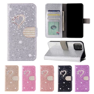 For iPhone XR 11 12 13 14 15 Pro Plus Max Bling Heart Folio Leather Wallet Case - Picture 1 of 11