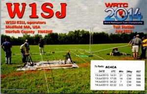 HAM RADIO CQ QSL QSO POSTCARD W1SJ K1LI WRTC CHAMPIONSHIP MEDFIELD MA USA - Picture 1 of 2