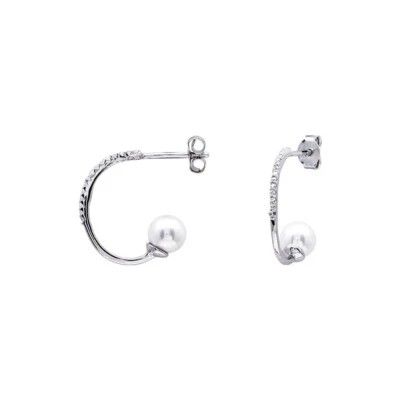 orecchini donna argento 925 anallergico zirconi perle bianca cerchio - Immagine 1 di 3