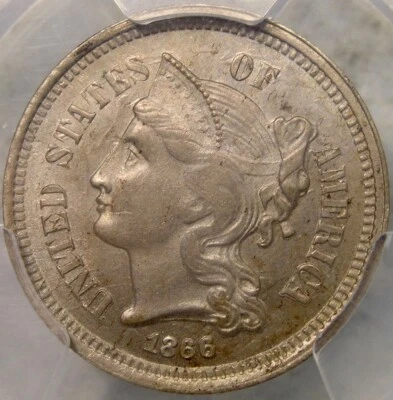 1866 THREE CENT NICKEL GORGEOUS REVERSE TONING STRONG DUAL DIE CLASH PCGS MS 63 - Image 1 of 4