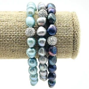 Beaded Stretch Bracelets Lot of 3 Blue Shades Pave Crystal Ball Accent Boho Sky - Picture 1 of 10