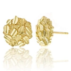 10k Yellow Gold Diamond Cut Nugget Round Stud Earrings 10mm x 9.5mm 1.2 grams - Picture 1 of 4