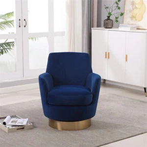 360° Swivel Velvet Barrel Accent Chair Armchair w/Gold Base for Living Room-Blue - Picture 1 of 17