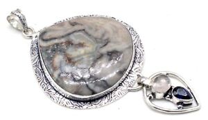 925 Sterling Silver Zebradorite & Tanzanite Gemstone Jewelry Pendant Size-2''