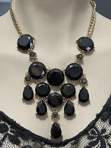 Mika Gold Tone Black Bib Necklace 21” Faceted Glass Bead Waterfall Design - Picture 1 of 5