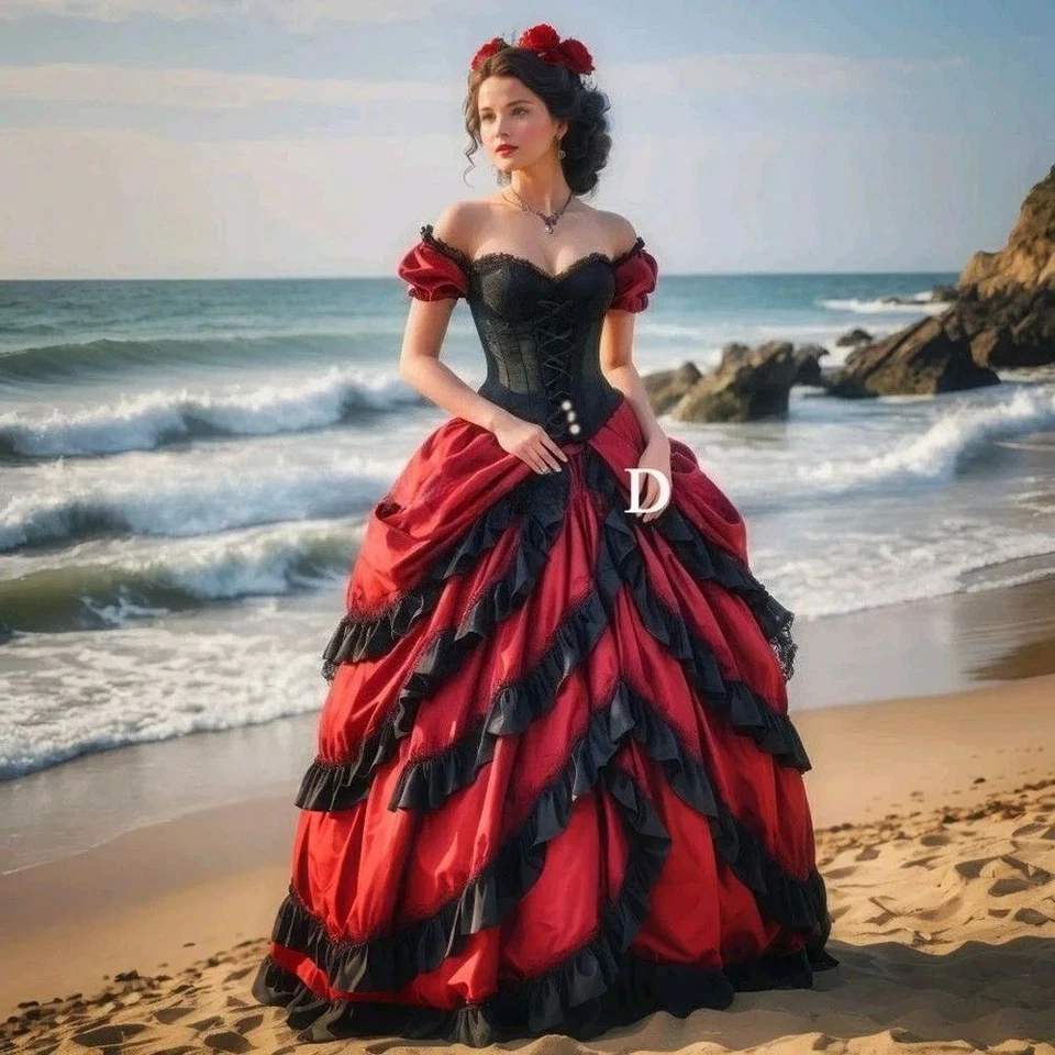 Vestidos de novia rojos negros góticos fuera del hombro con volantes en capas Foto 1 de 4