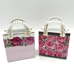 Bolsos de compras vintage miniatura rosa rosa - Bolso de mano floral con acento dorado conjunto completo de 2 - Imagen 1 de 11