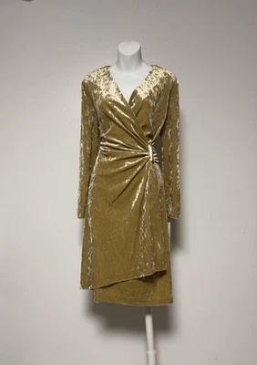 Calvin Klein Women Velvet Gold Wrap Sheath Dress Size 14 Long Sleeve NEW W/Tags - Image 1 of 4