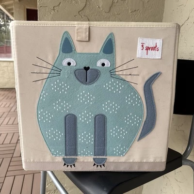 3 Sprouts Children's Fabric Storage Cube Box Soft Toy Bin Blue Cat 13" Animal - Image 1 of 4