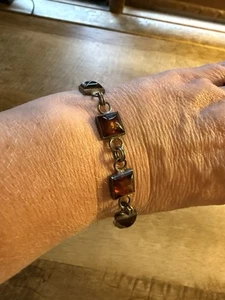 Silver Bracelet Square Dark Amber Square Stones Estate Sale - Picture 1 of 6