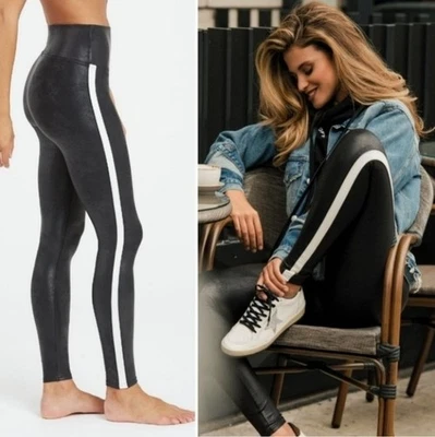 NUEVO SPANX Leggings Imitación Cuero Vegano Tira Lateral Negro Blanco Ajustado Metálico XS Foto 1 de 4