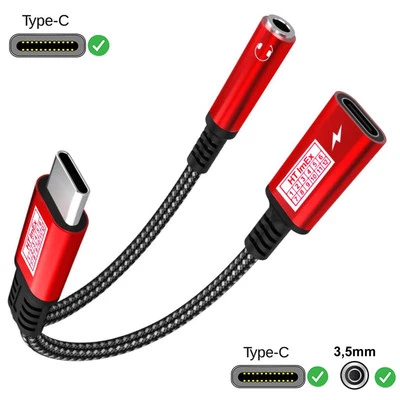 2 IN 1 Typ C USB C Zu 3.5mm Aux Audio Kopfhörer Adapter Charge Kabel Rot - Bild 1 von 4