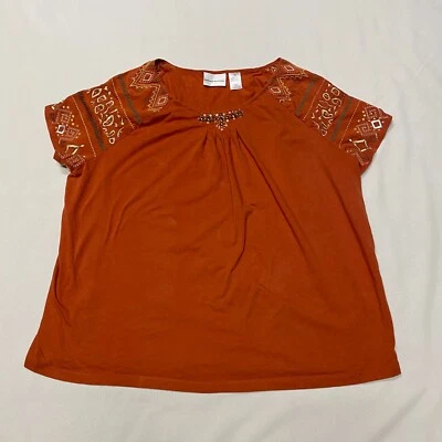 Camisa Alfred Dunner Bordada con Cuentas Mujer XL Naranja Oscuro Regal Boho Azteca Foto 1 de 4