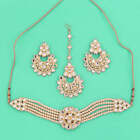 Indian Bollywood Gold Finish Pearls Crystal Stones Choker Necklace Set Jewellery