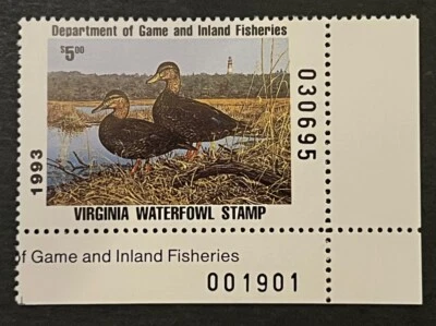 Travelstamps: 1993 Virginia State Duck Stamp - $5 - Mint MNH OG ** Numbered - Image 1 of 4