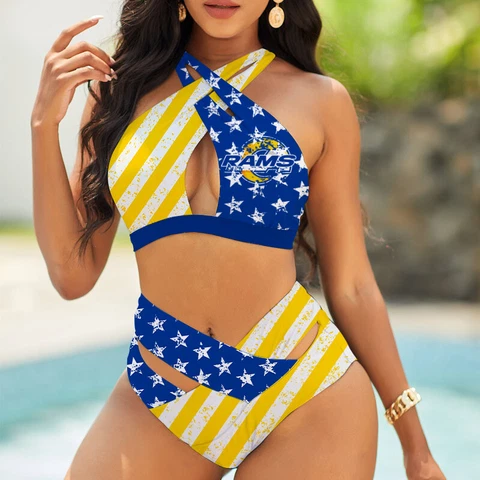 Los Angeles Rams Womens 2 Piece Bikini Cross Strappy Front Swimsuit Beachwear Cover