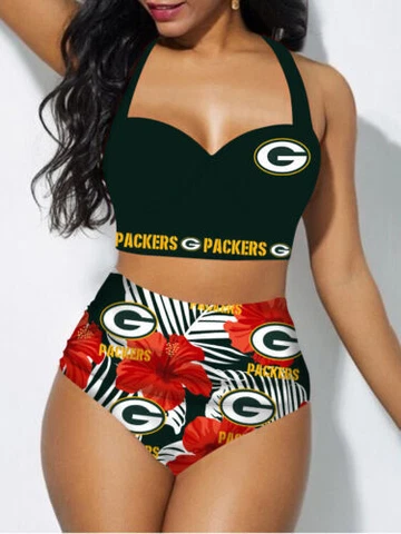 Green Bay Packers Women's 2PCS Bikini Set Push Up Swimsuit Beach Halter Swimwear Cover