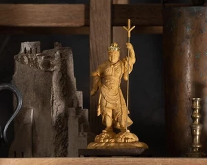 Tiny Buddha Bishamonten Statue 13cm ? Hand-Carved Boxwood with Gold Paint - Picture 1 of 17
