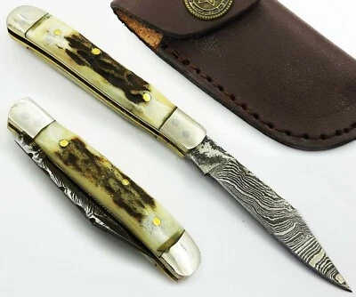 HAND FORGED Damascus Steel Mini Trapper Folding Pocket Knife  Stag/Antler Handle - Image 1 of 4