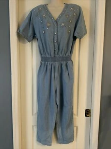 Vintage “Panorama” Jean Jeweled Rhinestoned Elastic Waist Relaxed Jusmpsuit Sz M - Picture 1 of 5