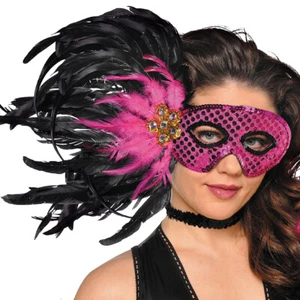 Burlesque Mask - Pink & Black Sequin Feather Masquerade Mask - Costume Mask New! - Picture 1 of 1