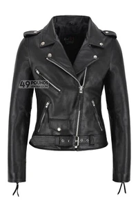 Premium Leather Jacket Biker Style Cowhide Marlon Brando Women Classic Jacket - Picture 1 of 5