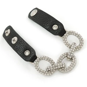 Clear Crystal Oval Link With Faux Black Leather Bracelet In Gold Tone - 19cm L - Picture 1 of 6