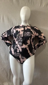 shein bathing suit one piece Zip Up Black And Pink Tropical Leafs 4xl - Picture 1 of 14