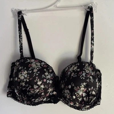 Native Intimates 36C Strapless Multi-way Pushup Black Floral Padded Satin Bra - Image 1 of 4
