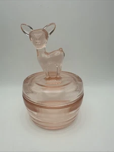 Vintage Jeanette Depression Glass Iridescent Pink Deer Vanity/Powder Jar - Picture 1 of 9