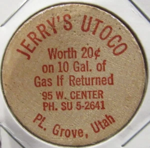 Vintage Jerry's Utoco Pleasant Grove, Utah Wooden Nickel Token - UT - Picture 1 of 2
