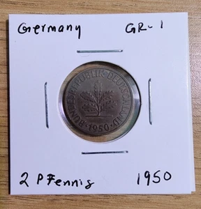 Germany, 1950 - 2 Pfennig Coin (West Germany, 1950, "F" Mint Mark) - Picture 1 of 3