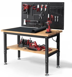 48 Inch Work Table for Garage Adjustable Height Rubber Wood Tabletop Workbench w - Picture 1 of 7