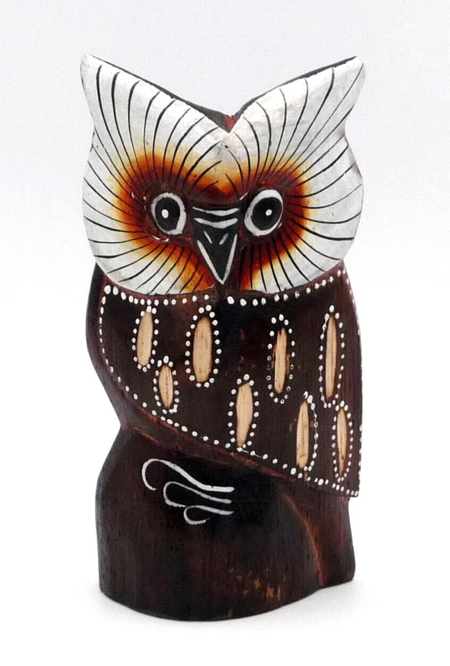 Chouette hibou en bois peint tête blanche 10,5 cm artisanat Bali - Photo 1/1