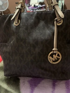 Michael Kors Brown Logo Jet Set Leather Shoulder Bag Tote Large - Picture 1 of 9