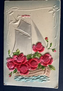 Postcard Embossed Boat Velvet Flowers Anchor 1909 Germany C86 - Foto 1 di 2