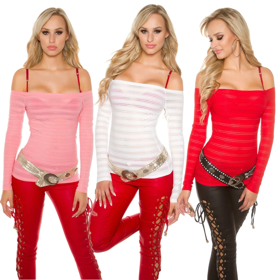 Maglietta maglia donna sexy spalle nude manica lunga righe vedo non vedo nuova # - Immagine 1 di 1