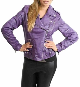 Womens Real Lambskin Leather Purple Jacket Slim Fit Sexy Biker Motorcycle Jacket - Picture 1 of 5