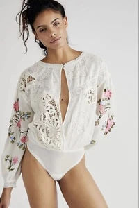 Free People Making Harmony Embroidered Lace Bodysuit Size XS Ivory $168 - Picture 1 of 9
