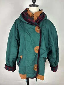 Vintage 90s Hooded Parka Jacket M Forest Green Burgundy Plaid Leather Trim Retro - Picture 1 of 23
