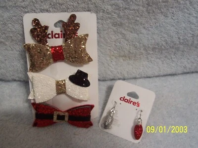 Claire's Christmas Hair Accessories 3 Glitter Barrettes & 1 Pair Of Earrings - Изображение 1 из 3
