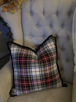 Ralph Lauren Tartan Plaid Black Velvet Trim 20" Feather Filled Throw Pillow NWOT - Image 1 of 4
