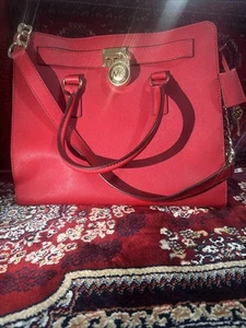 Michael Kors Hamilton Large Satchel NS Tote Red Saffiano Leather Shoulder Bag - Picture 1 of 9