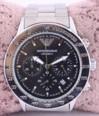 Reloj pulsera de cuarzo de lujo Armani para hombre cronógrafo esfera negra 'fecha' correa de acero Foto 1 de 4