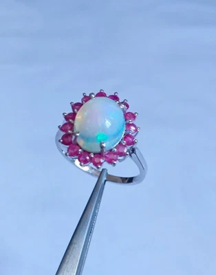 Anello aureola opale di fuoco naturale e rubino in argento sterling 925... - Immagine 1 di 4