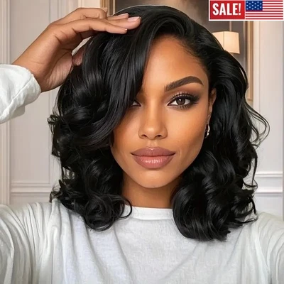 14" Brazilian Bob Wigs Human Hair Natural Black Wave Lace Front Glueless Wigs - Image 1 of 4