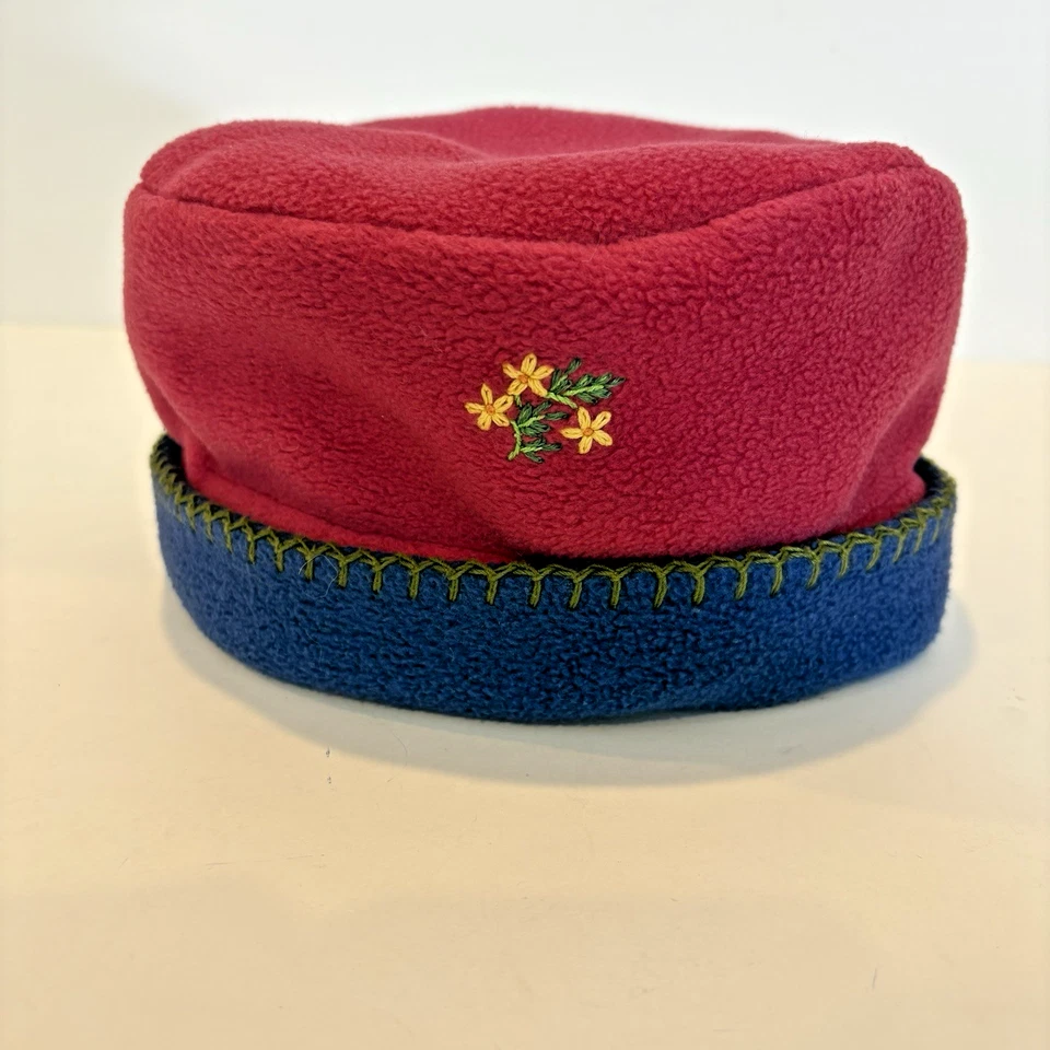 Vintage 1998 Gymboree Fleece Hat Beanie M/L  3-5 Years Rainbow Tag Flowers Red - Image 1 of 4