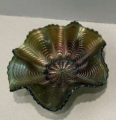 Fenton Peacock Tail Green Carnival Glass Bowl - Image 1 of 3